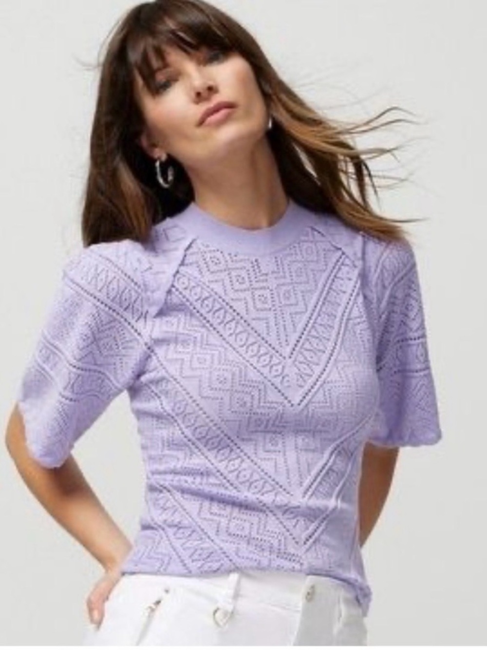 White House Black Market Lilac Knit Pointelle Short-Sleeve Sweater Top Purple